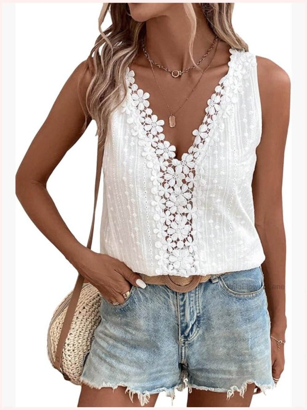 Floral Lace V Neck Tank Top Sleeveless Summer Blouse